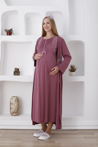 Dantelli Sabahlıklı Lohusa Gecelik Takımı - 2281