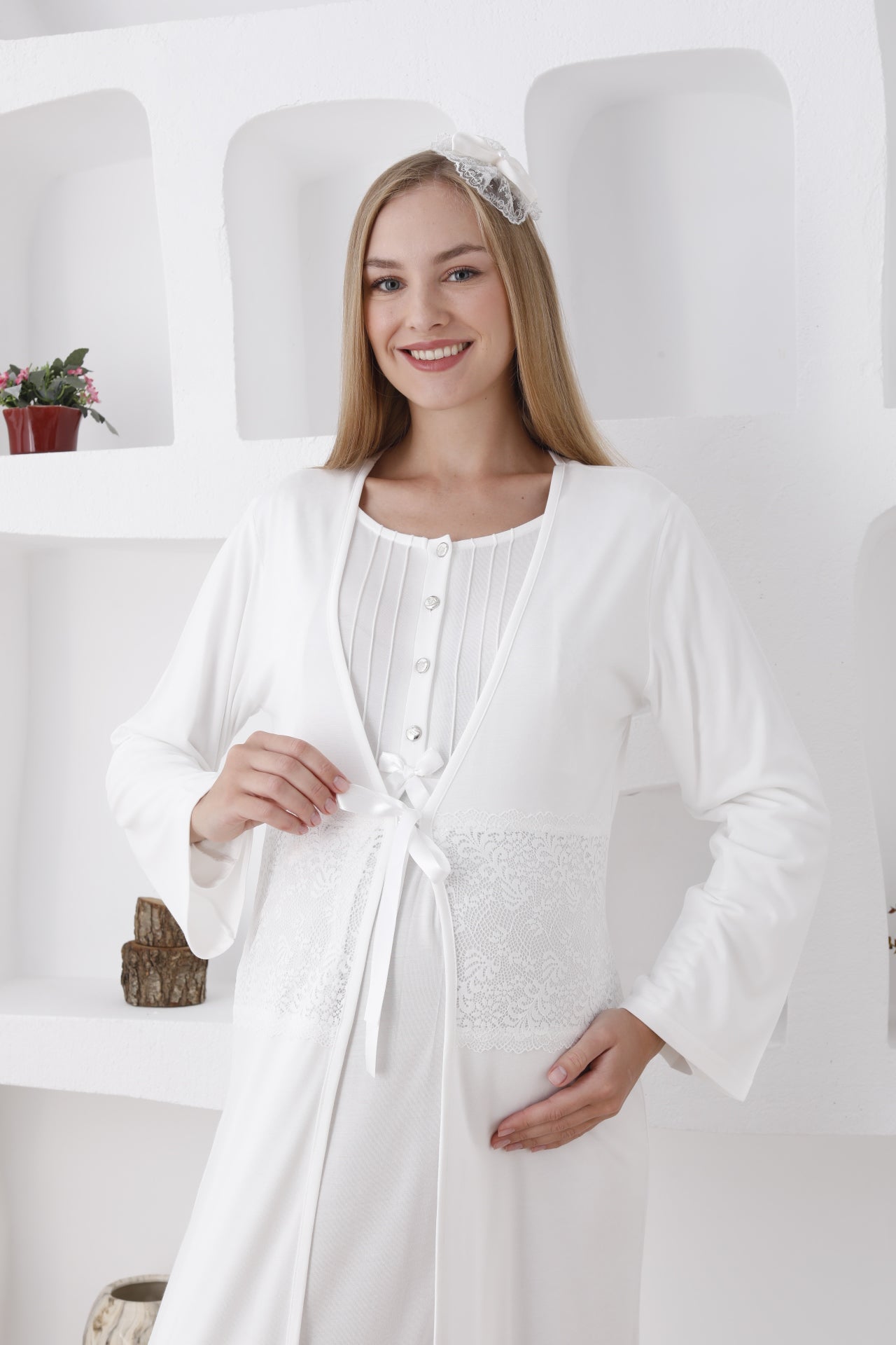 Dantelli Sabahlıklı Lohusa Gecelik Takımı - 2281