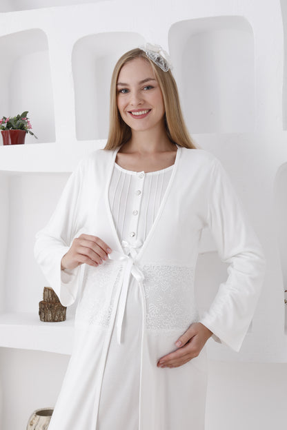 Dantelli Sabahlıklı Lohusa Gecelik Takımı - 2281