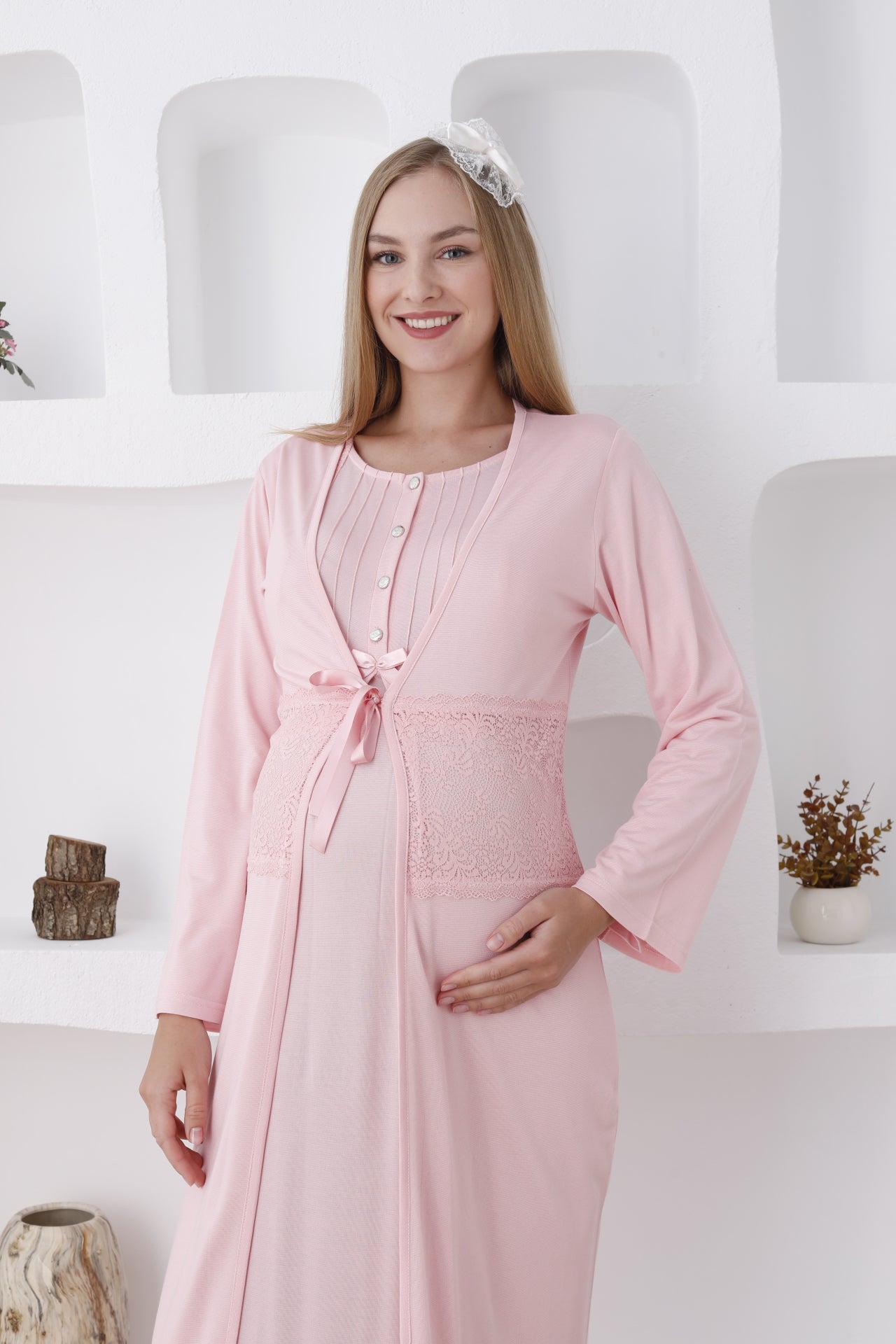 Dantelli Sabahlıklı Lohusa Gecelik Takımı - 2281