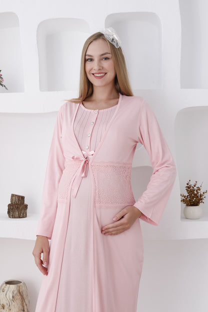 Dantelli Sabahlıklı Lohusa Gecelik Takımı - 2281