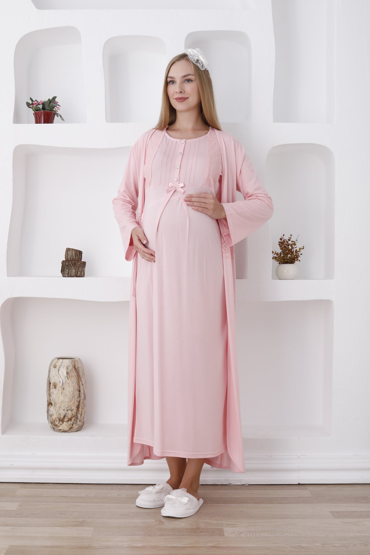 Dantelli Sabahlıklı Lohusa Gecelik Takımı - 2281