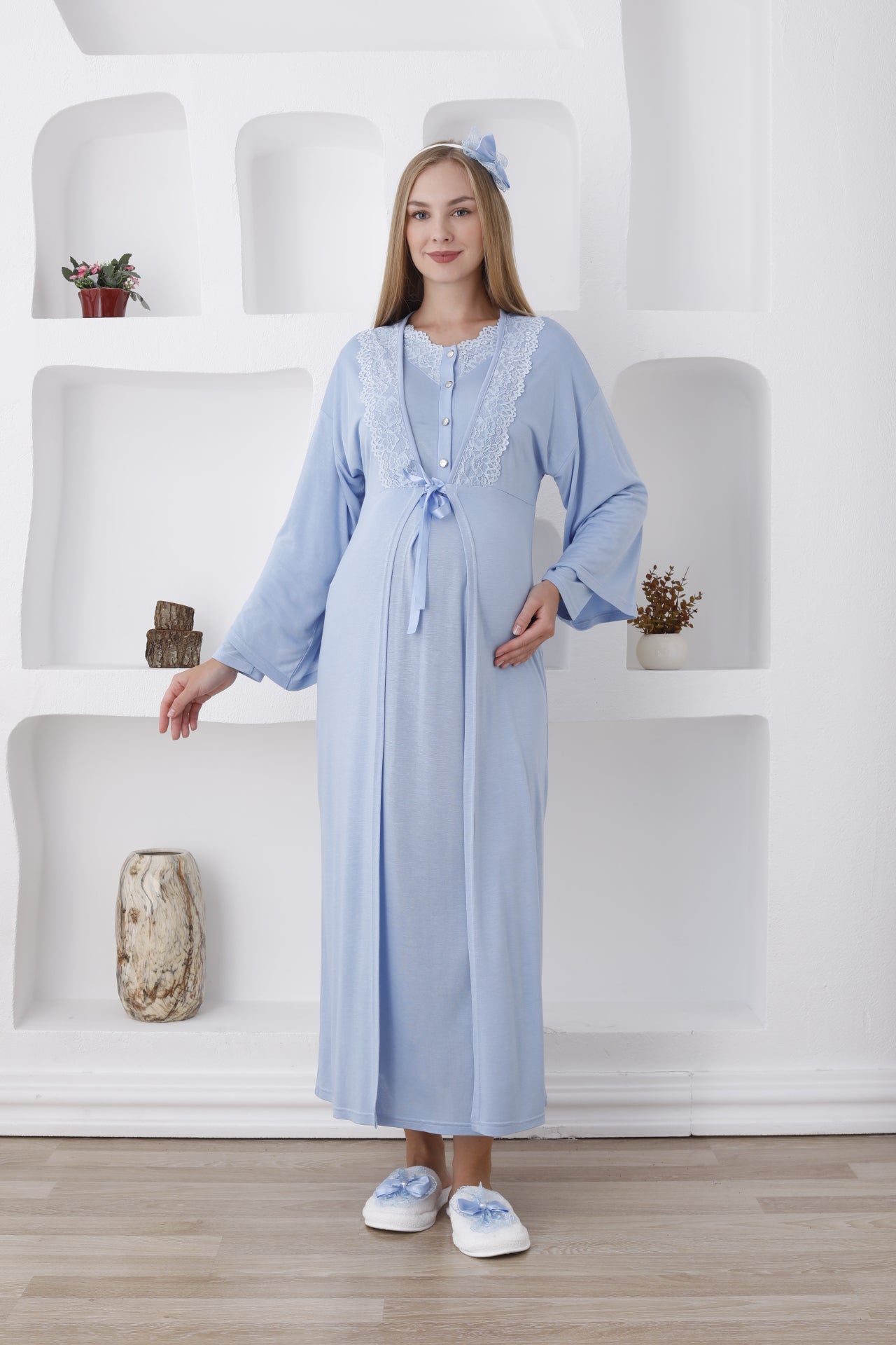 Dantelli Yaka Sabahlıklı Lohusa Gecelik Takımı - 2284