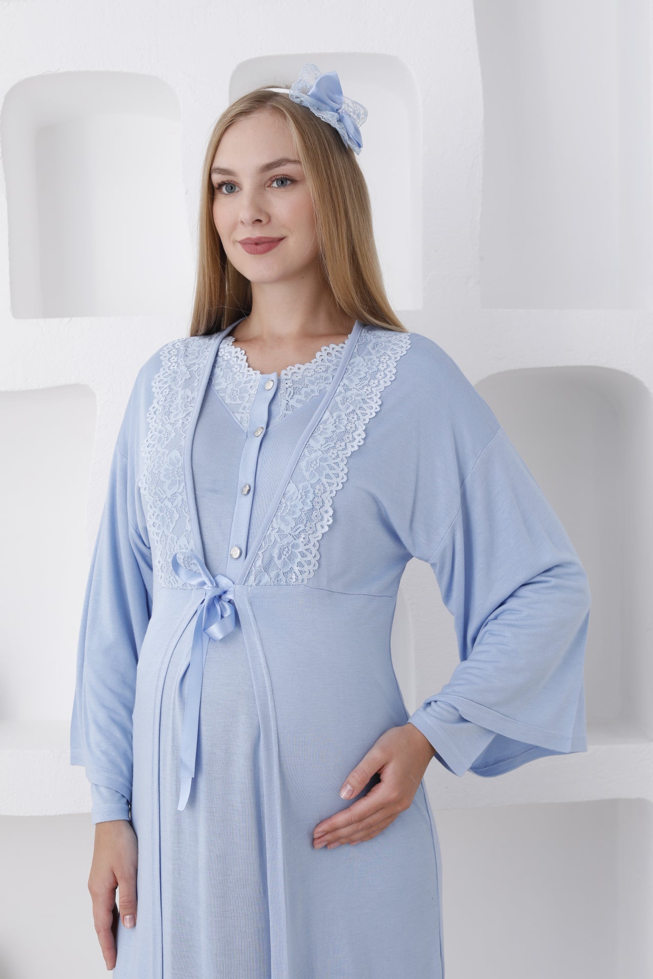 Dantelli Yaka Sabahlıklı Lohusa Gecelik Takımı - 2284