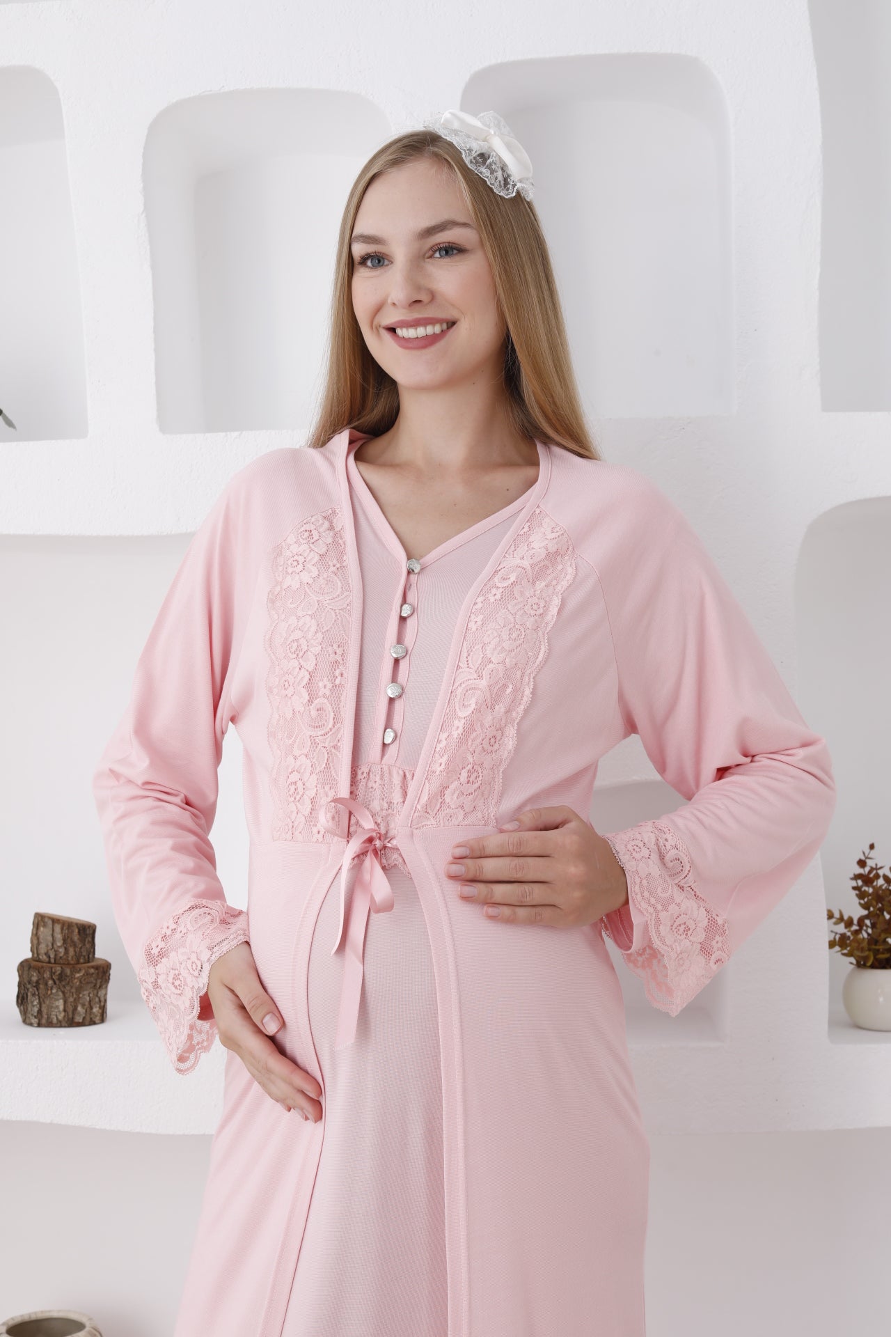 Güpürlü Sabahlıklı Lohusa Gecelik Takımı - 2285