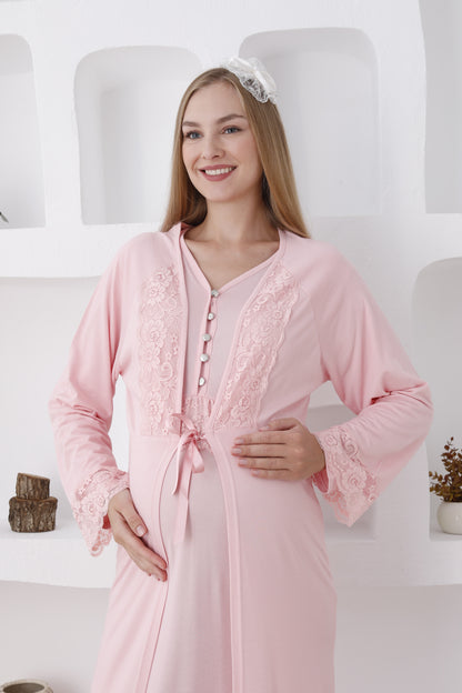 Güpürlü Sabahlıklı Lohusa Gecelik Takımı - 2285