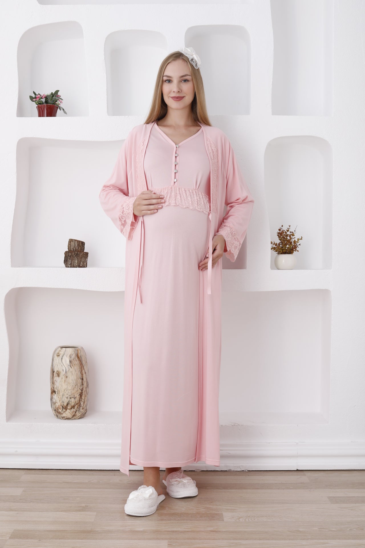 Güpürlü Sabahlıklı Lohusa Gecelik Takımı - 2285