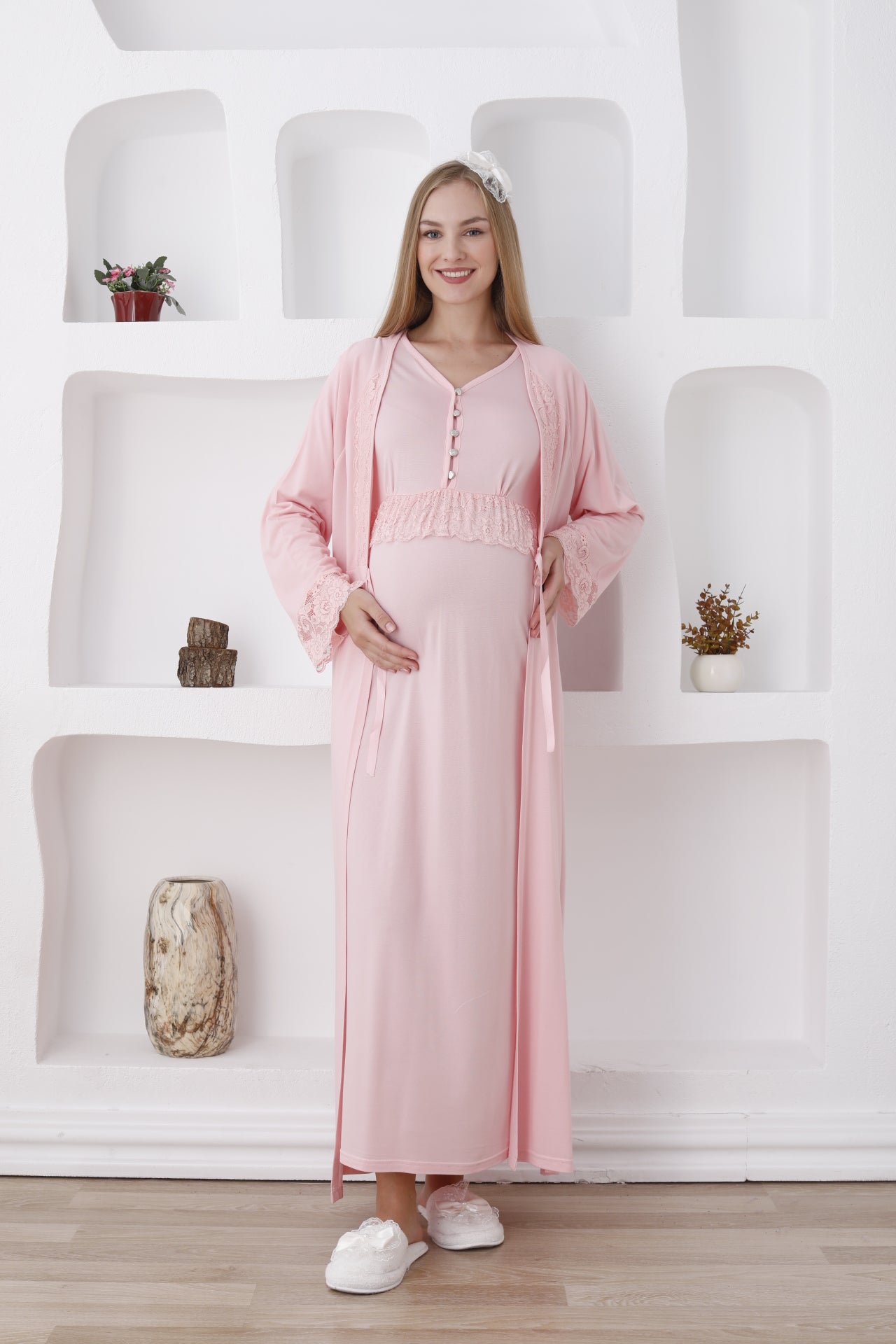 Güpürlü Sabahlıklı Lohusa Gecelik Takımı - 2285