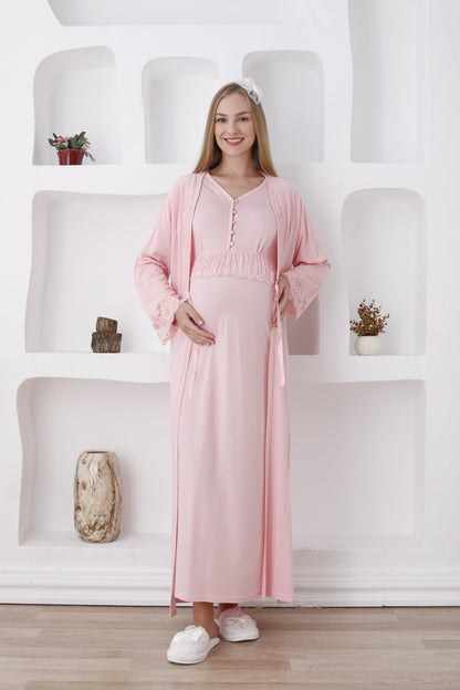 Güpürlü Sabahlıklı Lohusa Gecelik Takımı - 2285