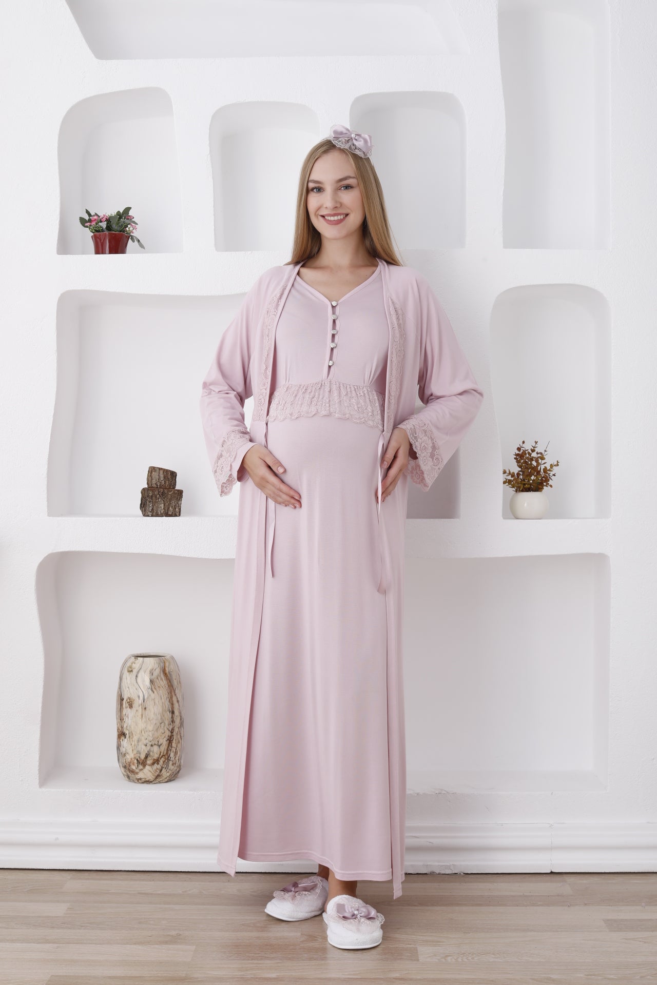 Güpürlü Sabahlıklı Lohusa Gecelik Takımı - 2285