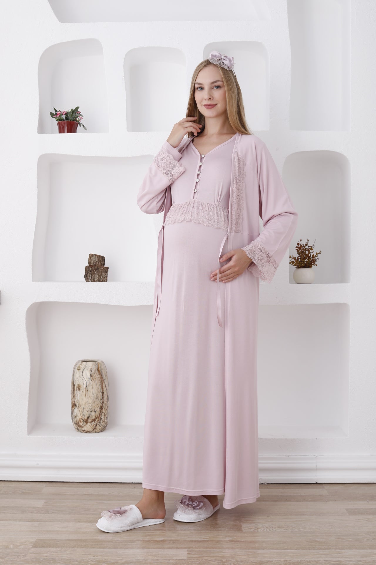 Güpürlü Sabahlıklı Lohusa Gecelik Takımı - 2285