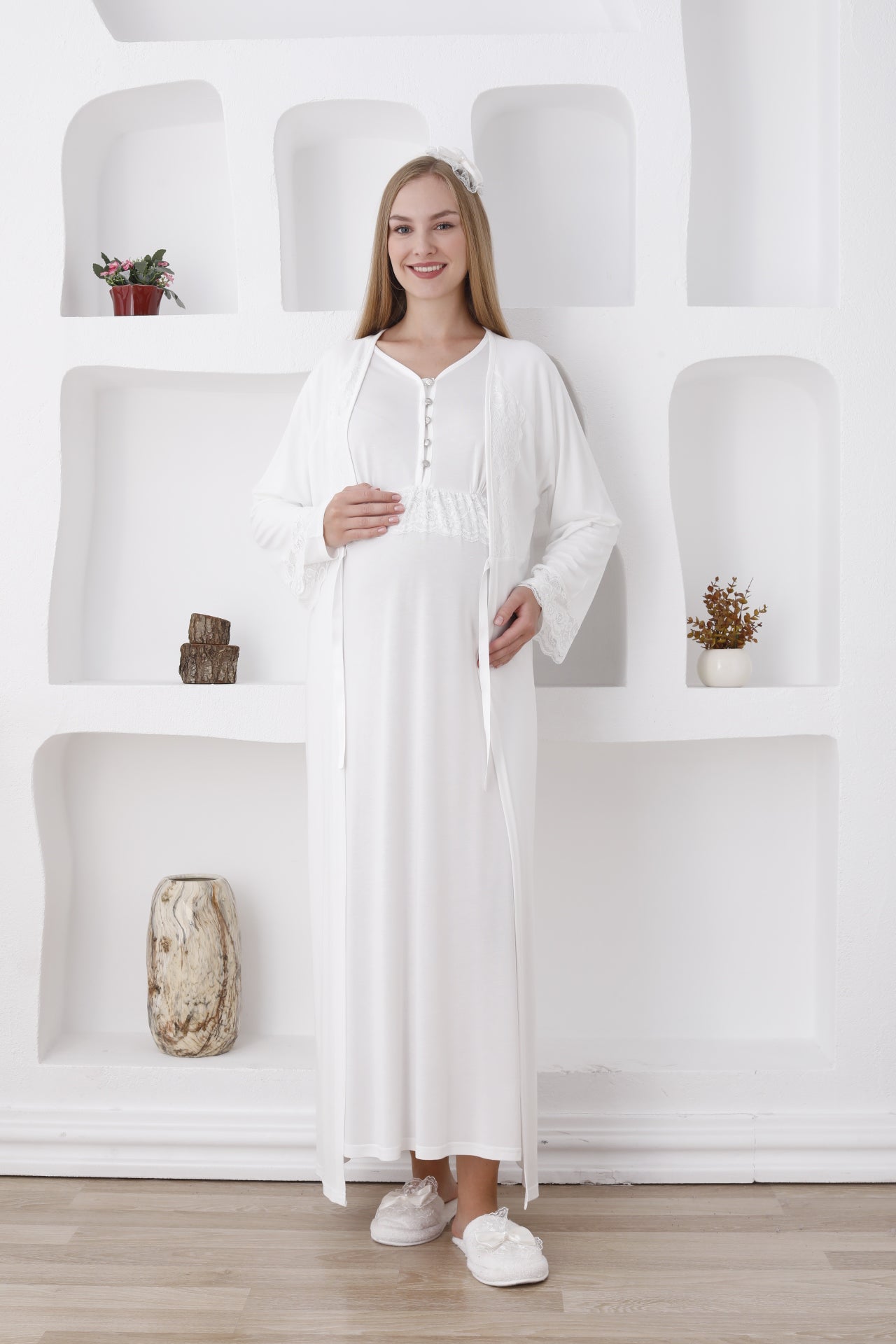 Güpürlü Sabahlıklı Lohusa Gecelik Takımı - 2285