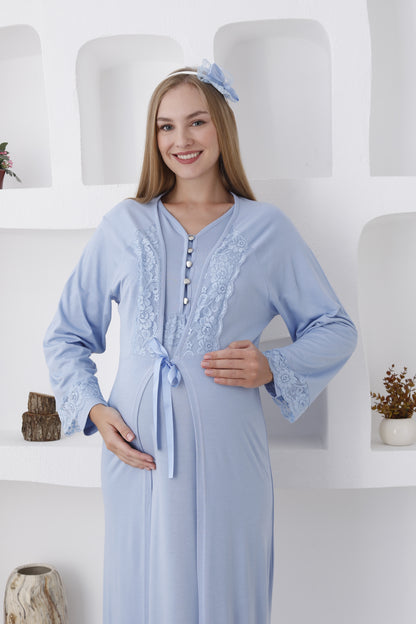 Güpürlü Sabahlıklı Lohusa Gecelik Takımı - 2285