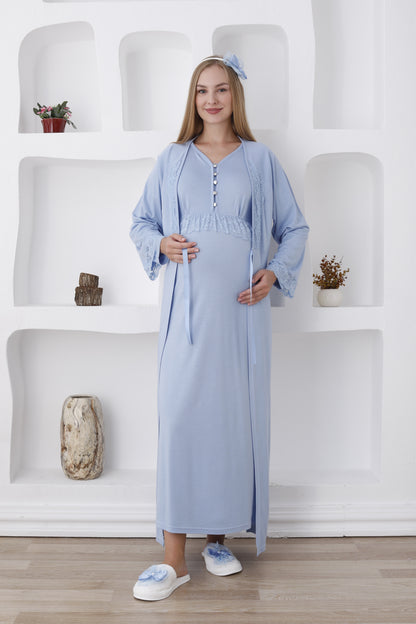 Güpürlü Sabahlıklı Lohusa Gecelik Takımı - 2285