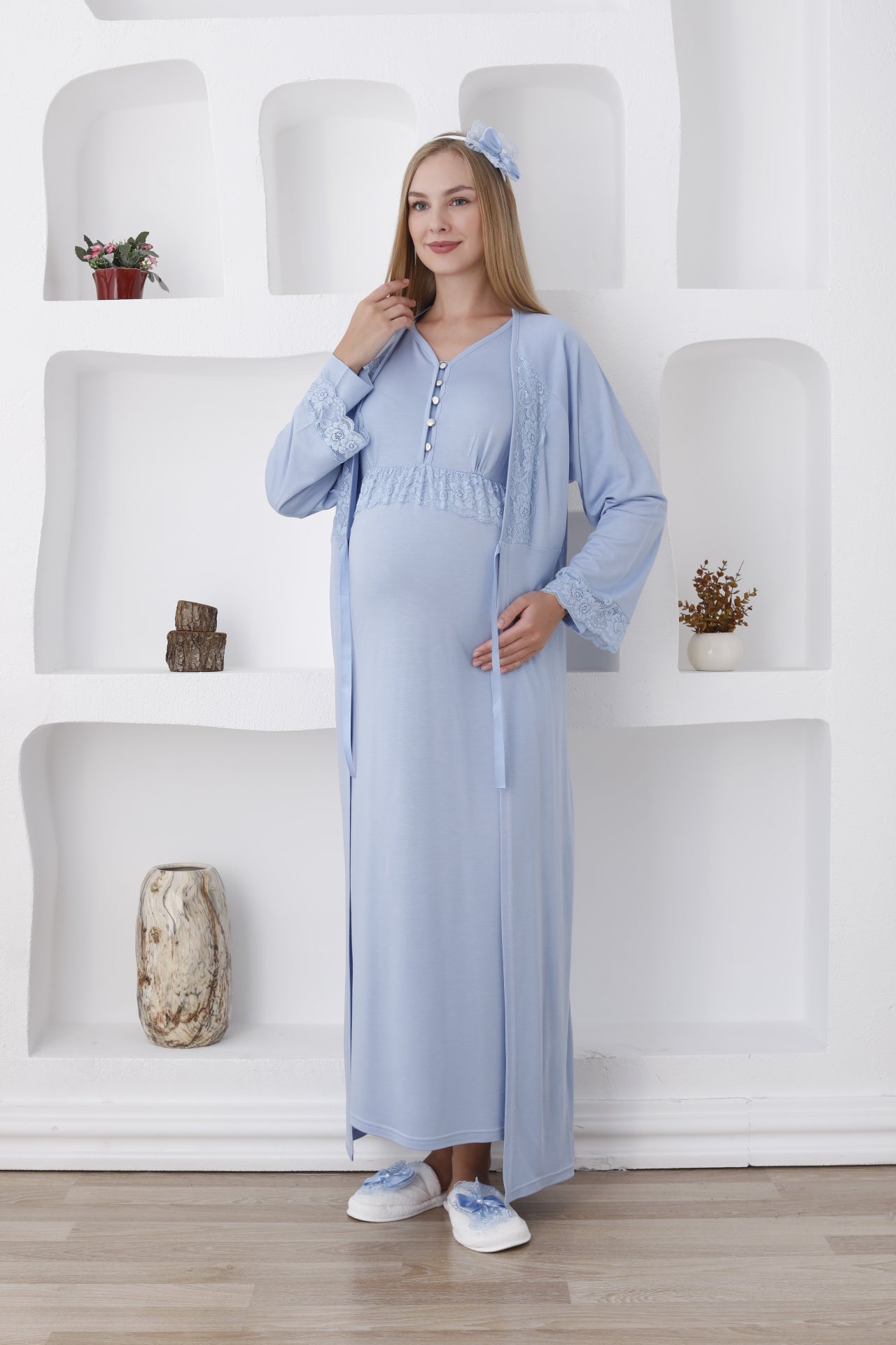 Güpürlü Sabahlıklı Lohusa Gecelik Takımı - 2285