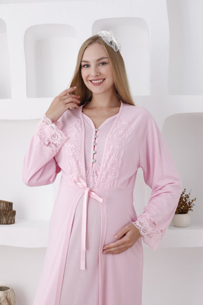 Güpürlü Sabahlıklı Lohusa Gecelik Takımı - 2285