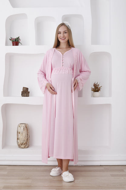 Güpürlü Sabahlıklı Lohusa Gecelik Takımı - 2285