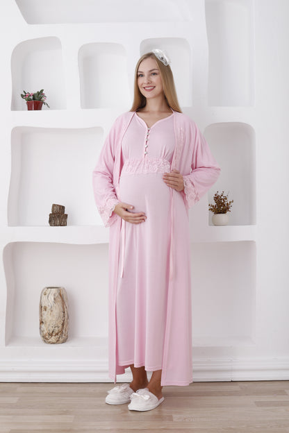 Güpürlü Sabahlıklı Lohusa Gecelik Takımı - 2285