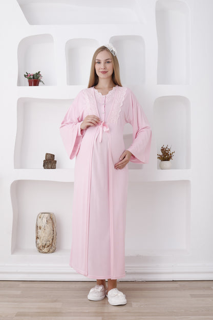 Dantelli Yaka Sabahlıklı Lohusa Gecelik Takımı - 2284