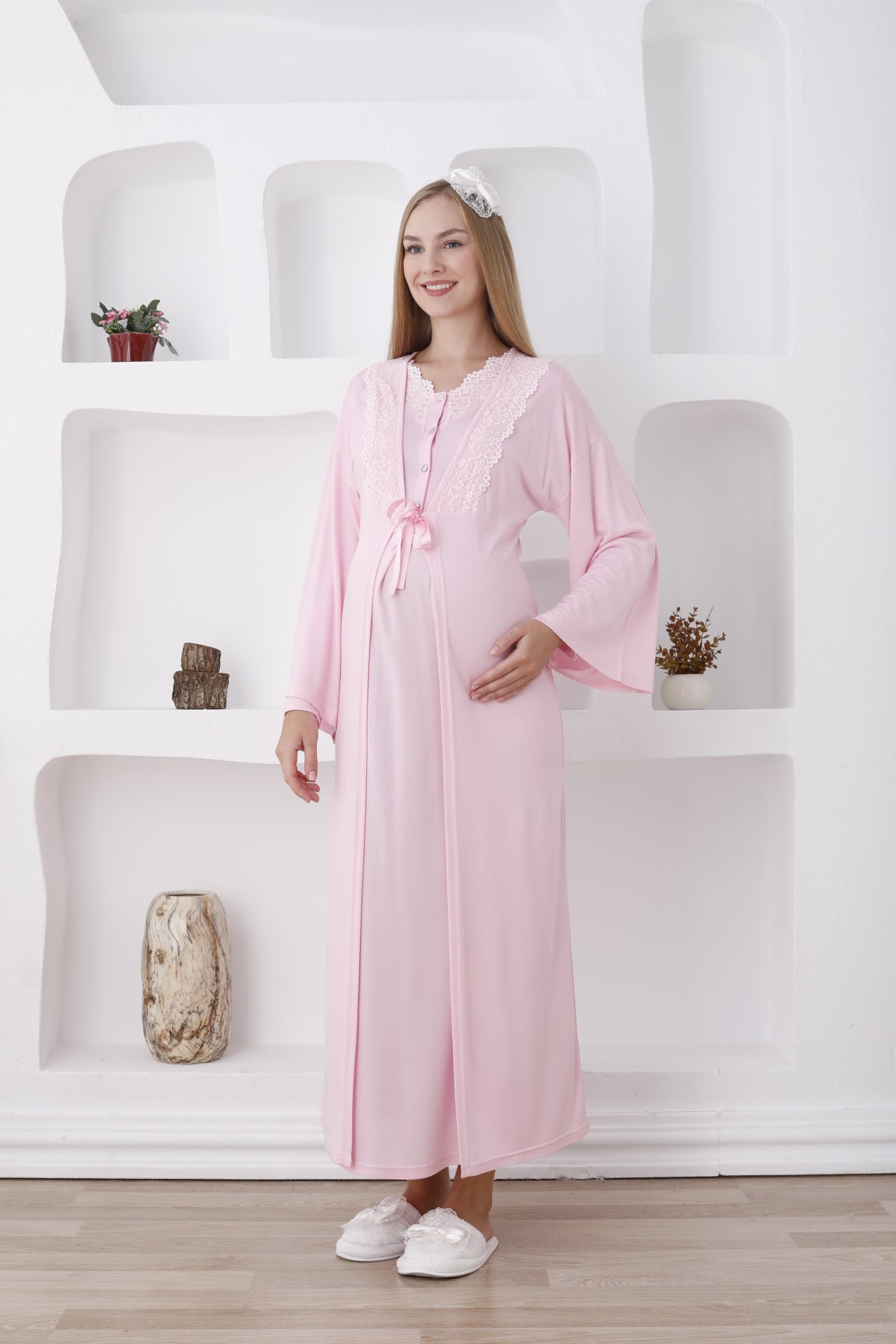 Dantelli Yaka Sabahlıklı Lohusa Gecelik Takımı - 2284