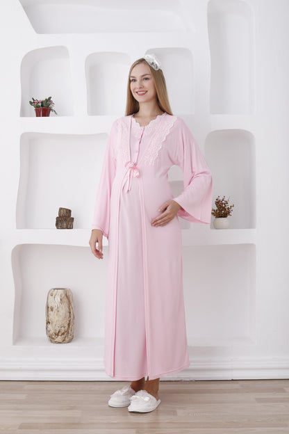 Dantelli Yaka Sabahlıklı Lohusa Gecelik Takımı - 2284