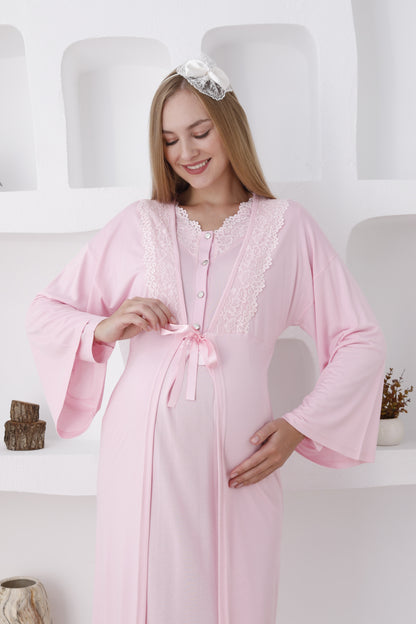 Dantelli Yaka Sabahlıklı Lohusa Gecelik Takımı - 2284