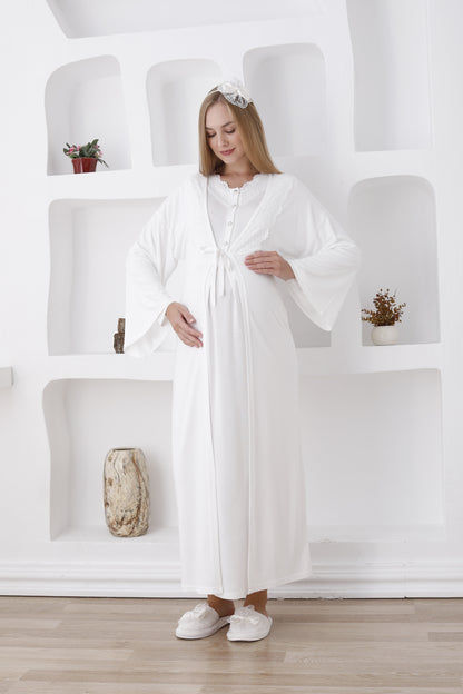 Dantelli Yaka Sabahlıklı Lohusa Gecelik Takımı - 2284