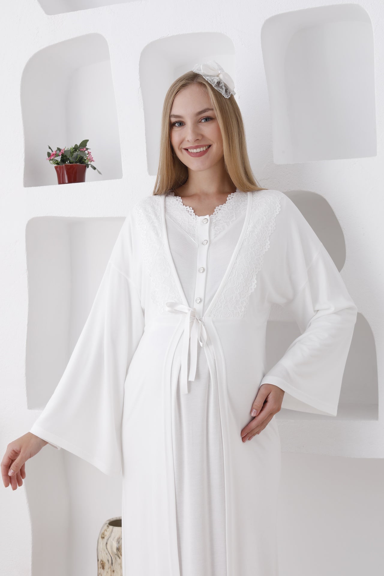 Dantelli Yaka Sabahlıklı Lohusa Gecelik Takımı - 2284