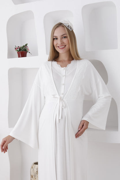 Dantelli Yaka Sabahlıklı Lohusa Gecelik Takımı - 2284