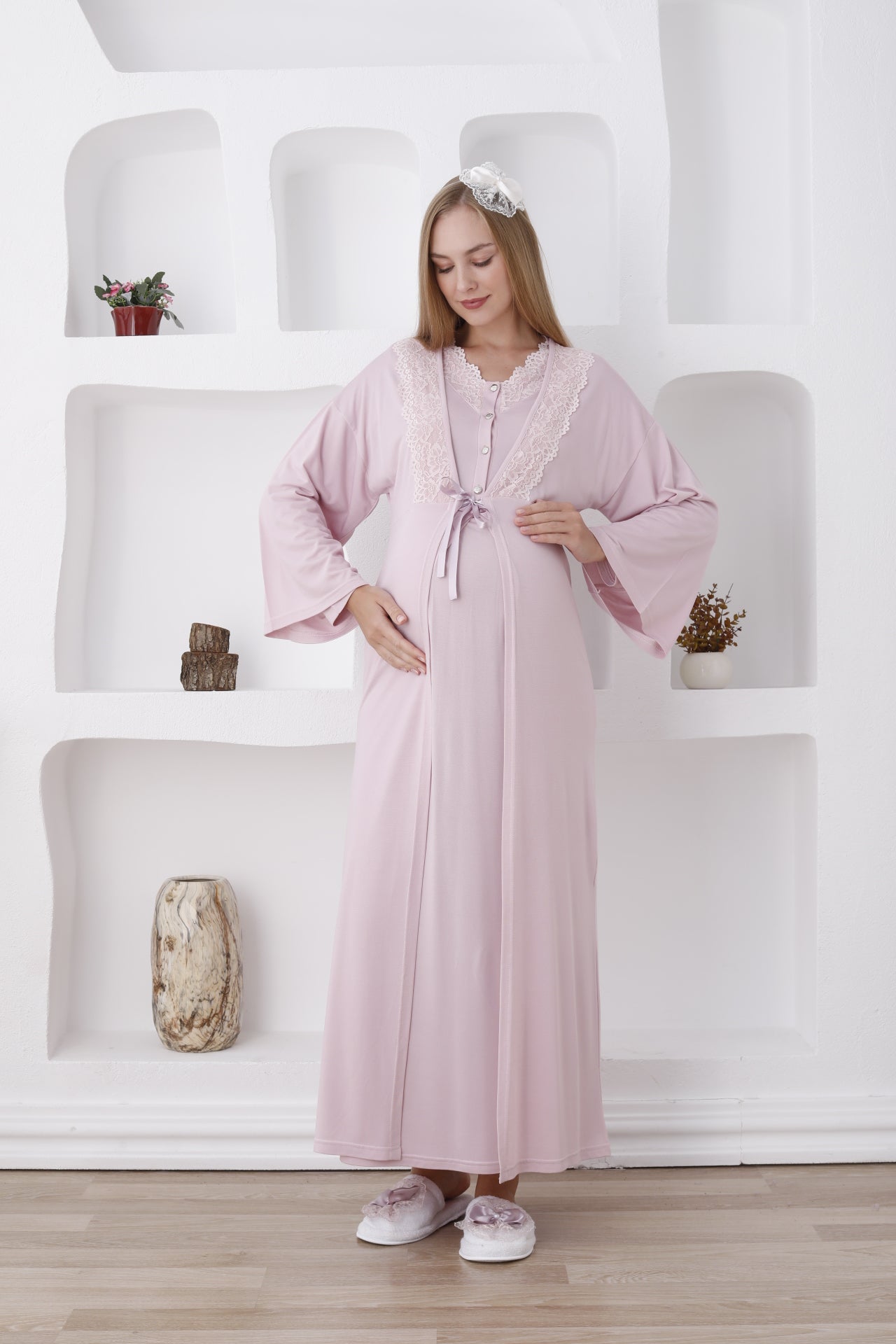 Dantelli Yaka Sabahlıklı Lohusa Gecelik Takımı - 2284