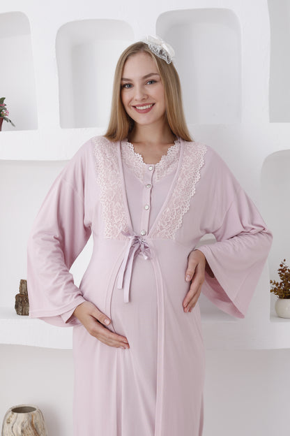 Dantelli Yaka Sabahlıklı Lohusa Gecelik Takımı - 2284