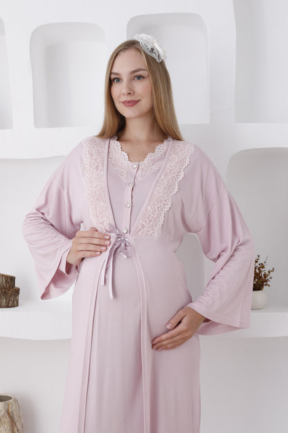 Dantelli Yaka Sabahlıklı Lohusa Gecelik Takımı - 2284