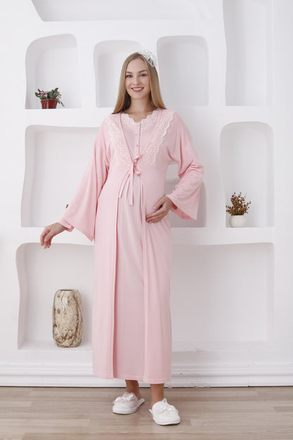Dantelli Yaka Sabahlıklı Lohusa Gecelik Takımı - 2284