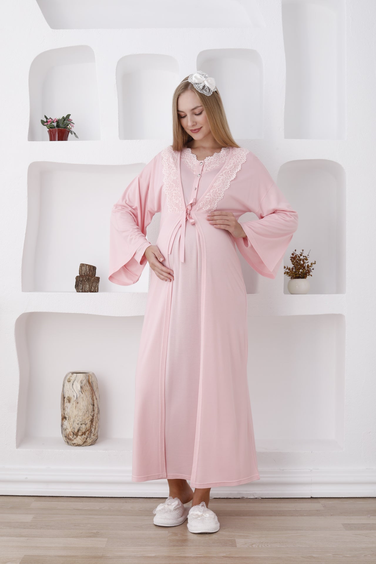 Dantelli Yaka Sabahlıklı Lohusa Gecelik Takımı - 2284