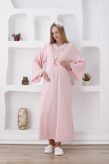 Dantelli Yaka Sabahlıklı Lohusa Gecelik Takımı - 2284