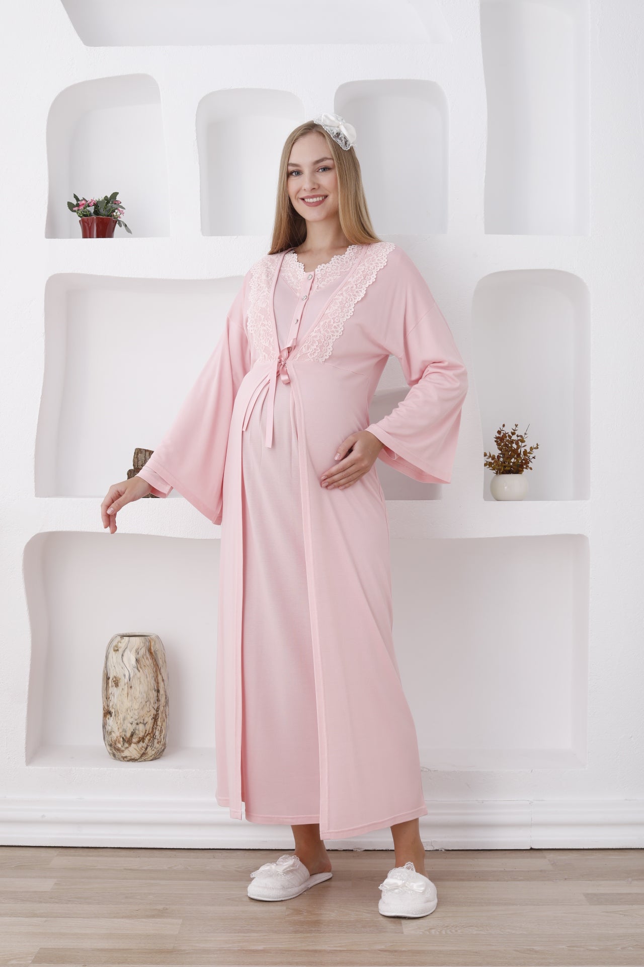 Dantelli Yaka Sabahlıklı Lohusa Gecelik Takımı - 2284