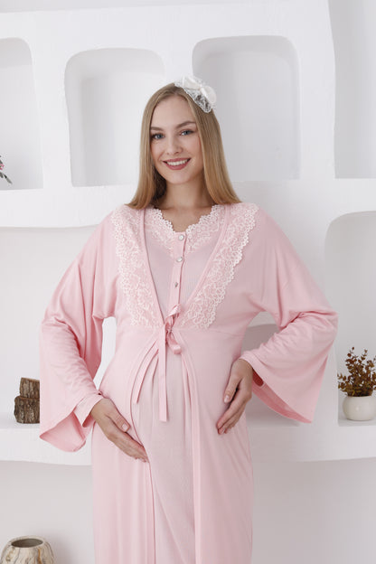 Dantelli Yaka Sabahlıklı Lohusa Gecelik Takımı - 2284