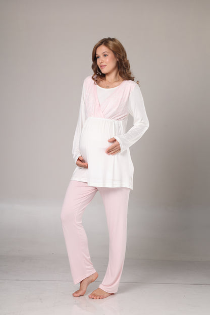 Kışlık Pamuk Sabahlıklı Kruvaze Yaka Lohusa Pijama Takımı Pembe - 1000