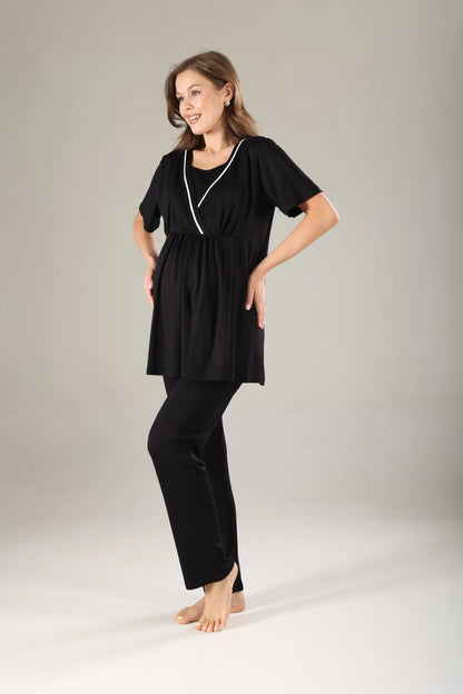 Biyeli Gizli Emzirme Özellikli Sabahlıklı Lohusa Pijama Takımı Siyah - 808