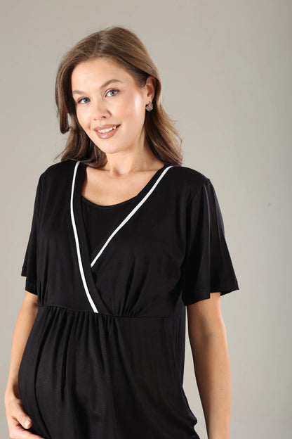 Biyeli Gizli Emzirme Özellikli Sabahlıklı Lohusa Pijama Takımı Siyah - 808