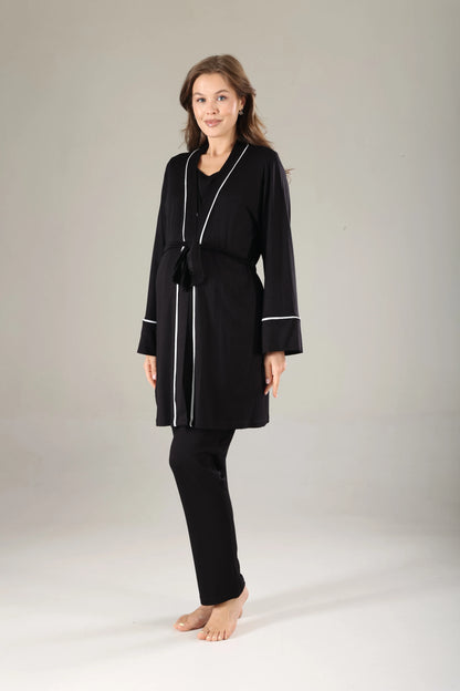 Biyeli Gizli Emzirme Özellikli Sabahlıklı Lohusa Pijama Takımı Siyah - 808