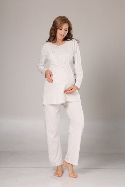 Yumuşak Dokulu Triko Sabahlıklı Emzirme Düğmeli Pijama Takımı Bej - 1002