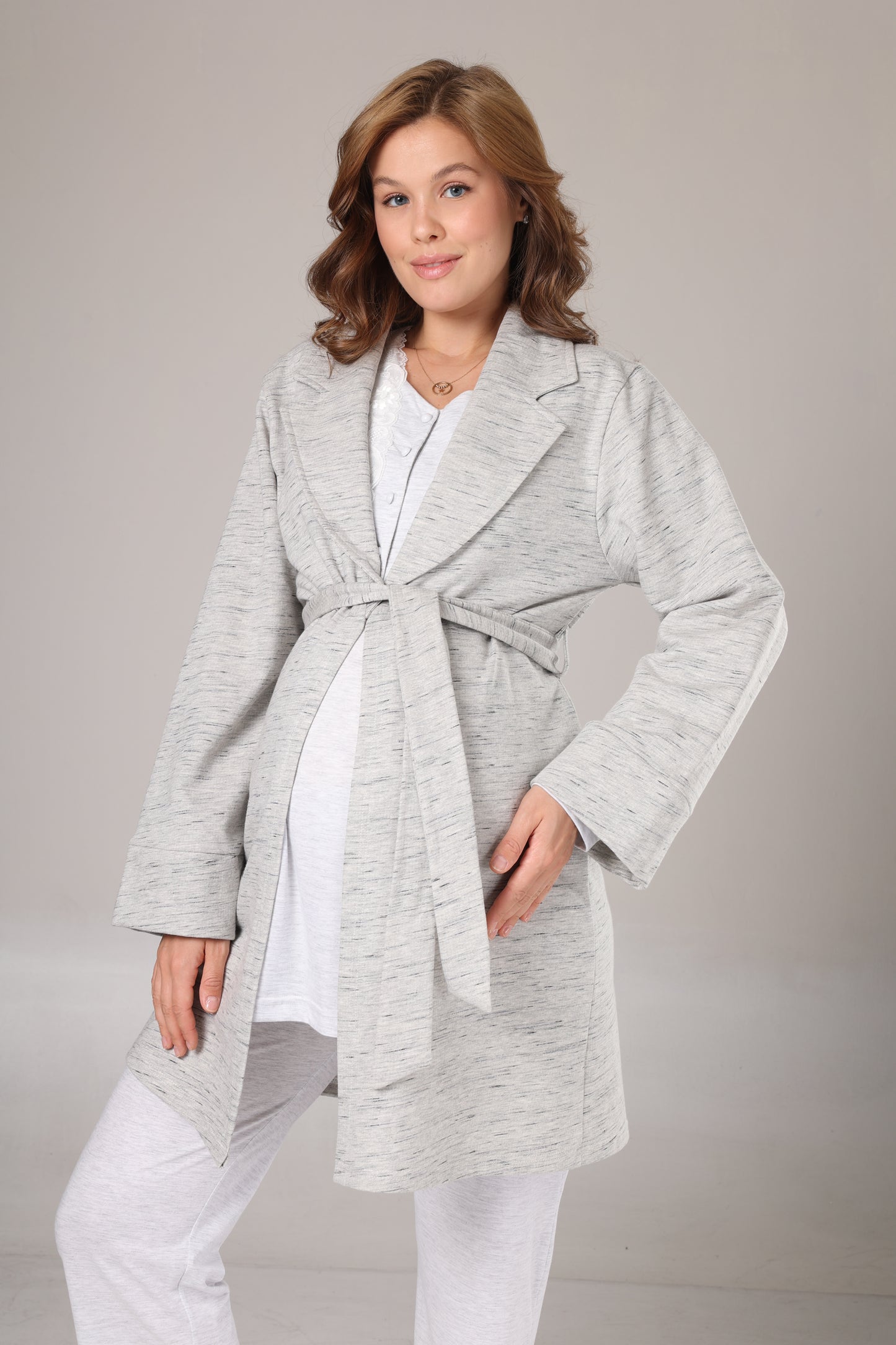 Kışlık Sabahlıklı Lohusa Pijama Takımı Gri Melanj - 1004