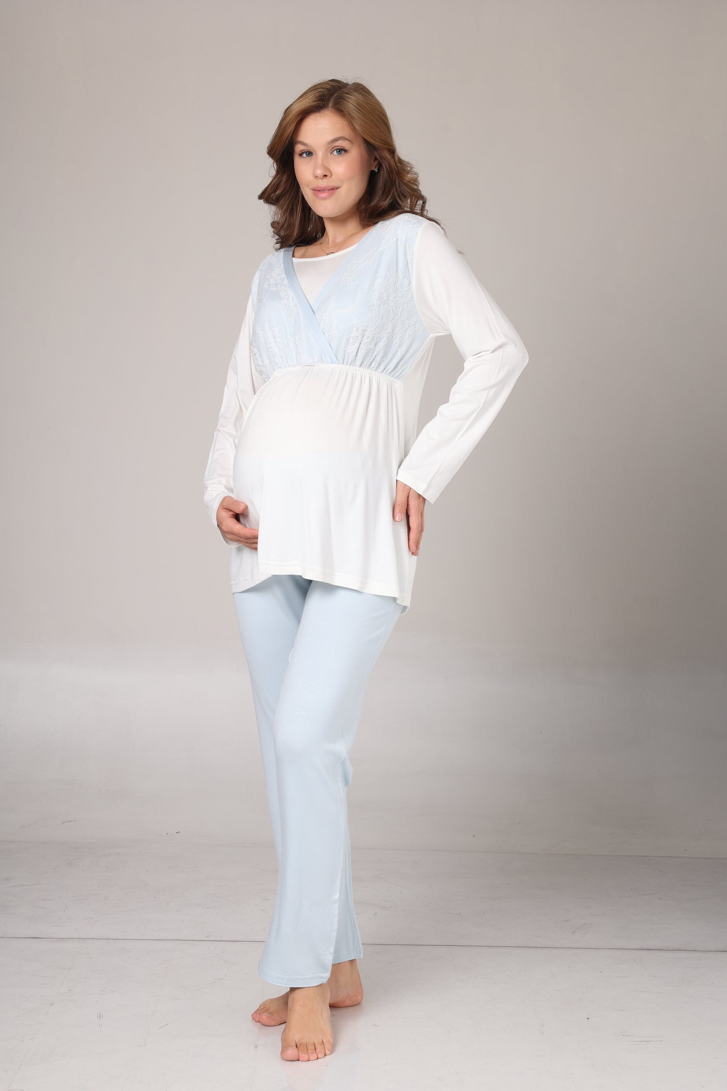 Dantelli Kışlık Sabahlıklı Kruvaze Yaka Pijama Takımı Mavi - 1001