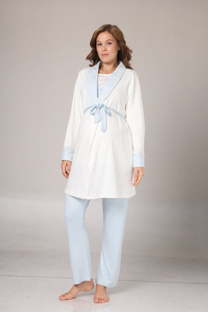 Dantelli Kışlık Sabahlıklı Kruvaze Yaka Pijama Takımı Mavi - 1001