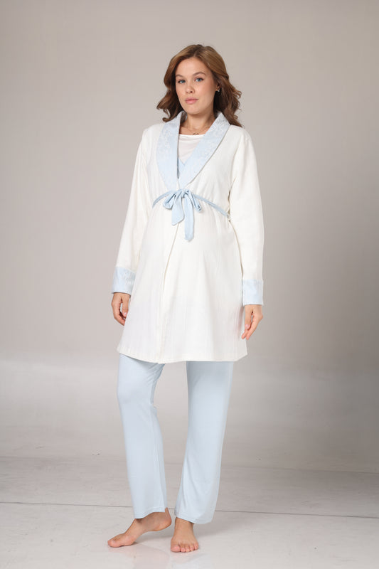 Dantelli Kışlık Sabahlıklı Kruvaze Yaka Pijama Takımı Mavi - 1001