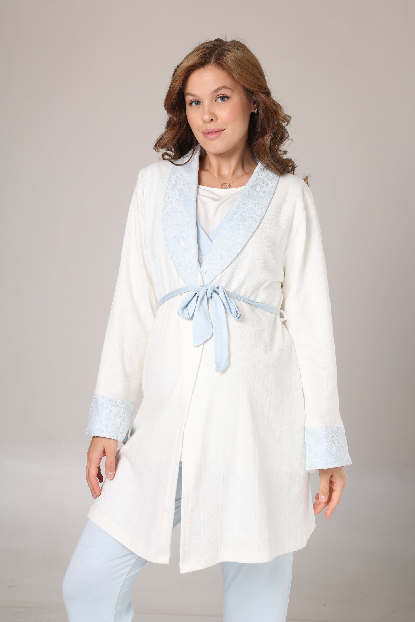 Dantelli Kışlık Sabahlıklı Kruvaze Yaka Pijama Takımı Mavi - 1001