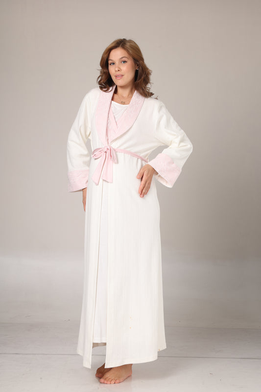 Kışlık Dantel Detaylı Sabahlıklı Kruvaze Gecelik Takımı Pembe - 1025