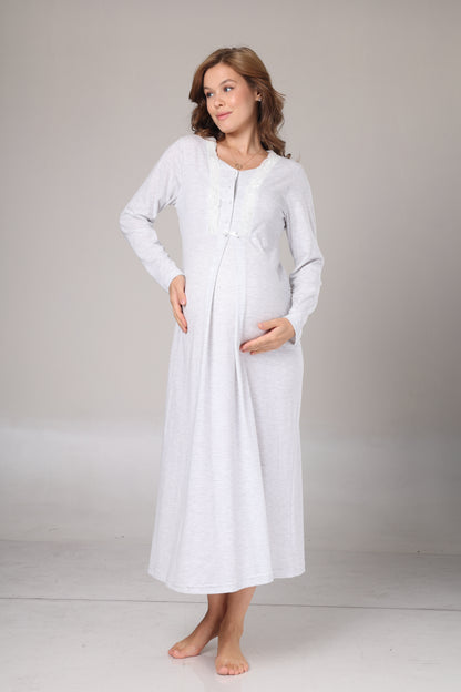 Kışlık Triko Sabahlıklı Emzirme Bölmeli Gecelik Takımı Gri - 1021