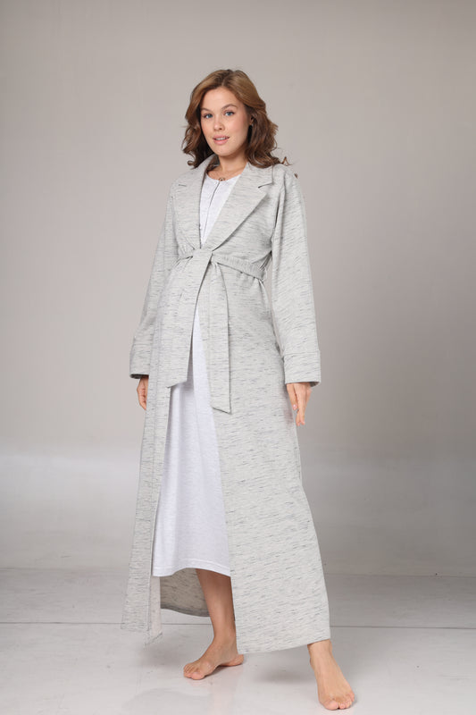 Kışlık Triko Sabahlıklı Emzirme Bölmeli Gecelik Takımı Gri - 1021